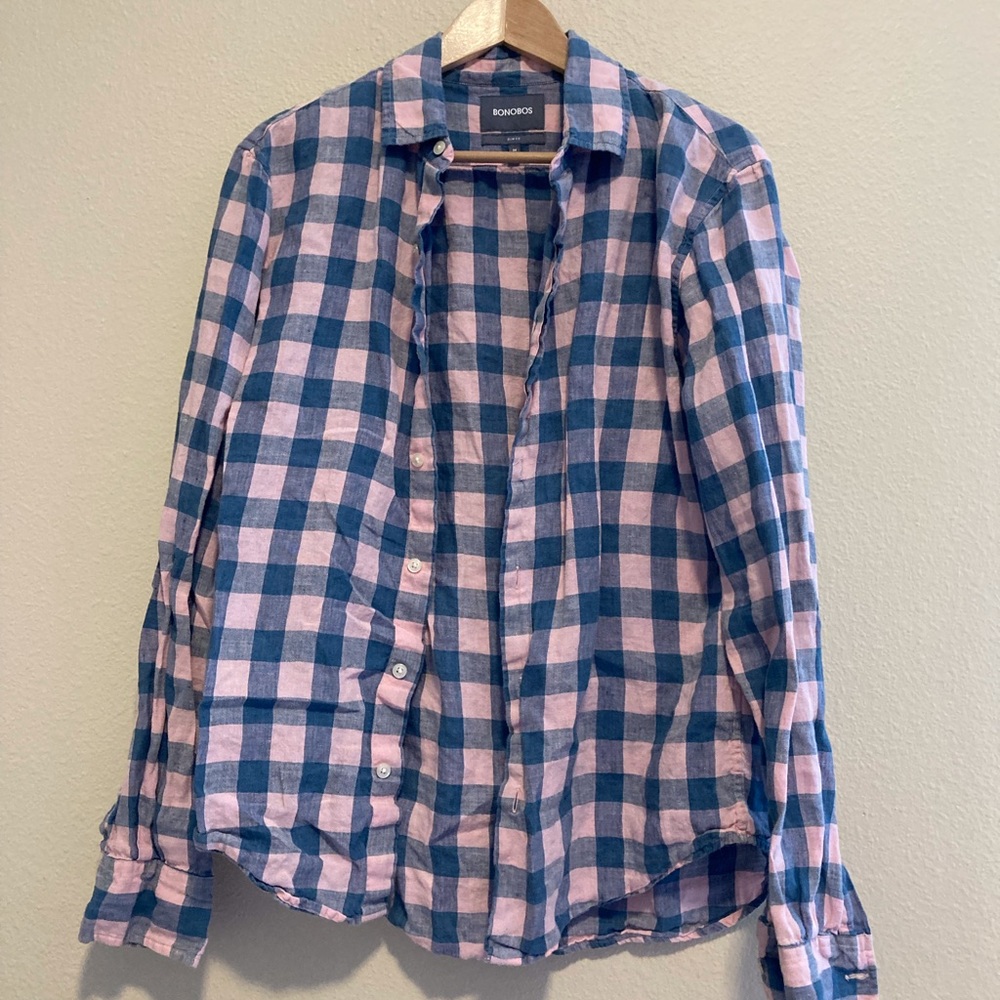 Bonobos pink and blue check button down dress shirt.